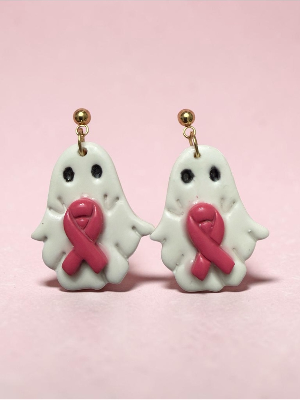 Pink Ribbon Ghost Dangle Earrings | Breast Cancer Awareness | Halloween Earrings
